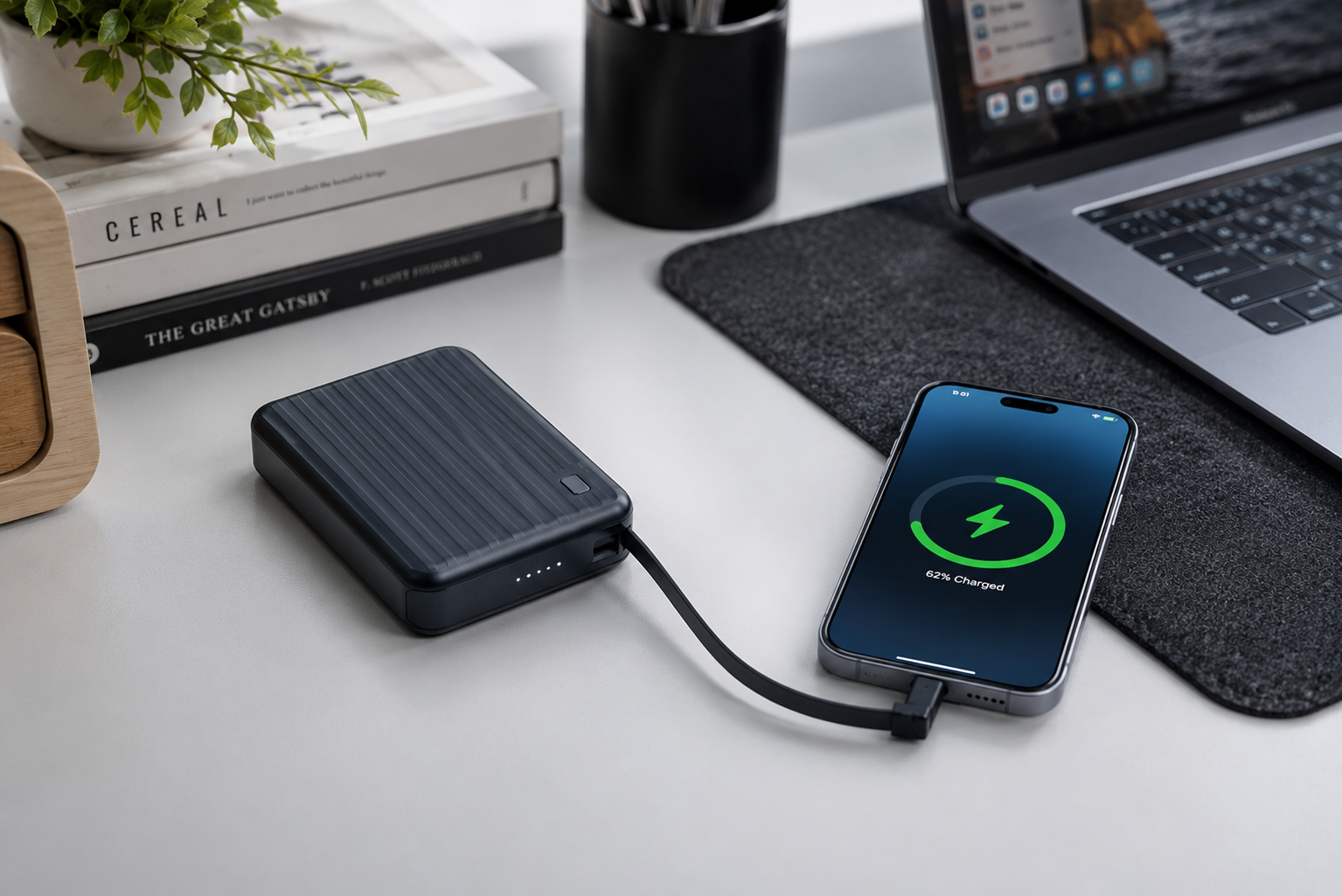 Modern tech workspace with charging dock

