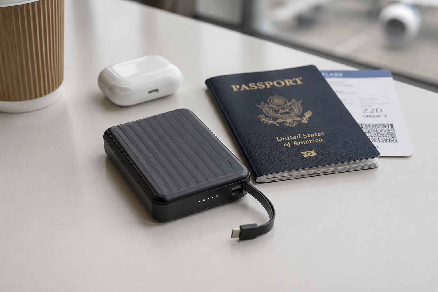 Travel essentials on a clean surface

