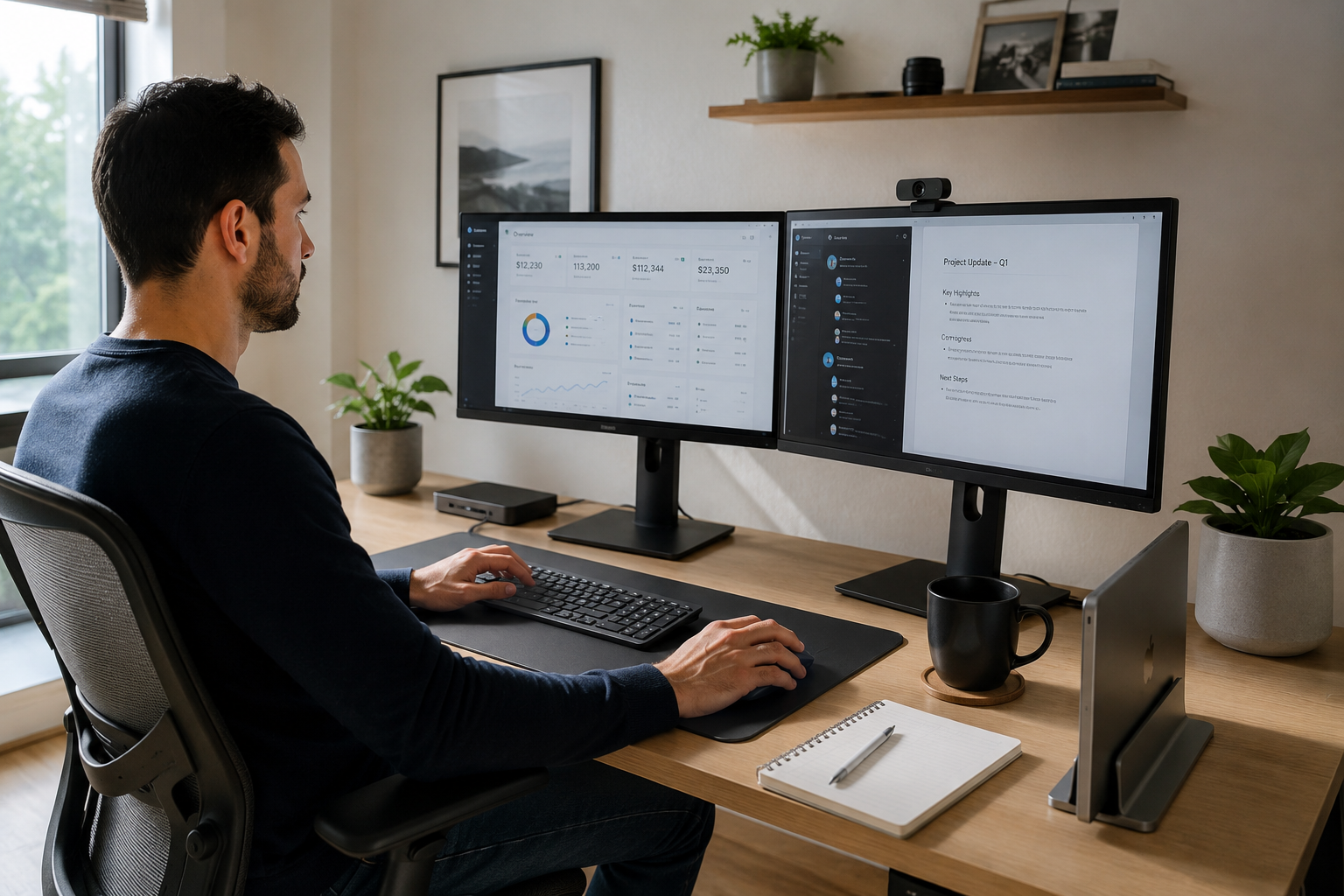 Modern home office workspace in daylight

